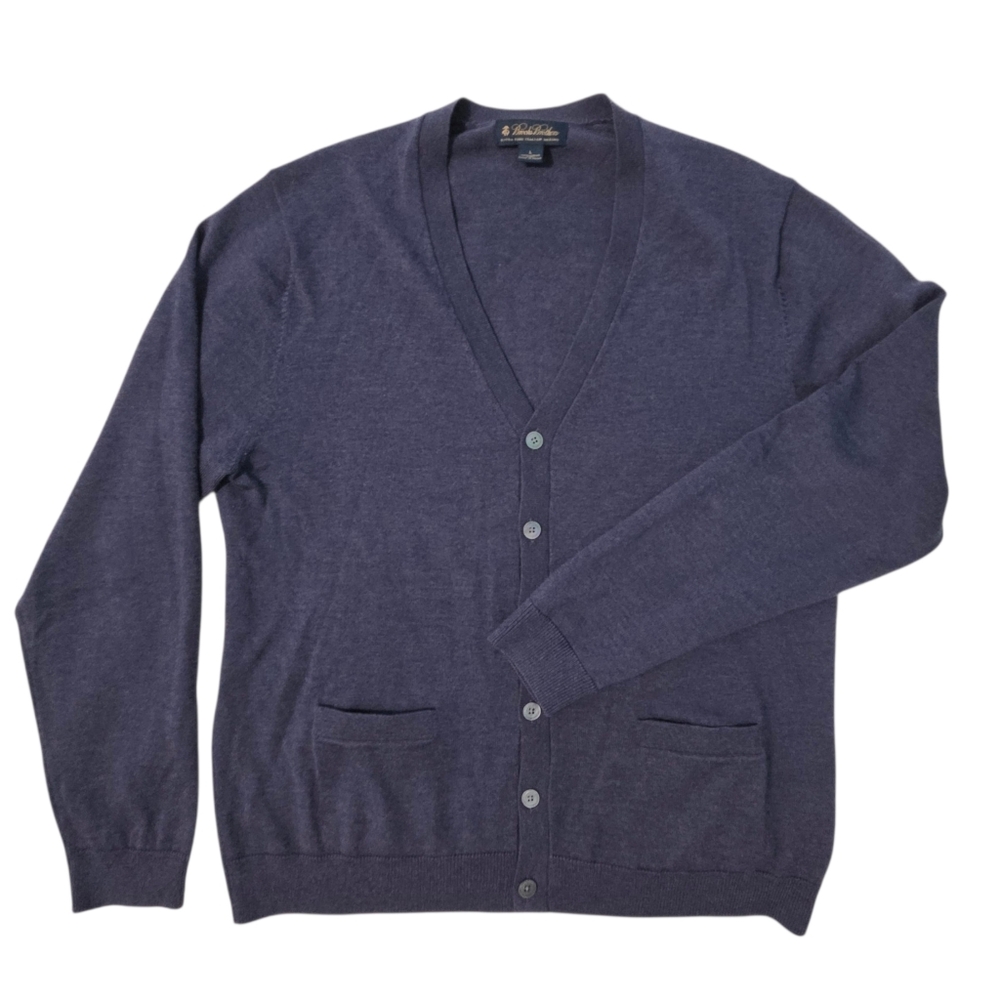 Brooks Brothers Italian Merino Wool Sweater Mens Sz L Purple Cardigan Pockets
